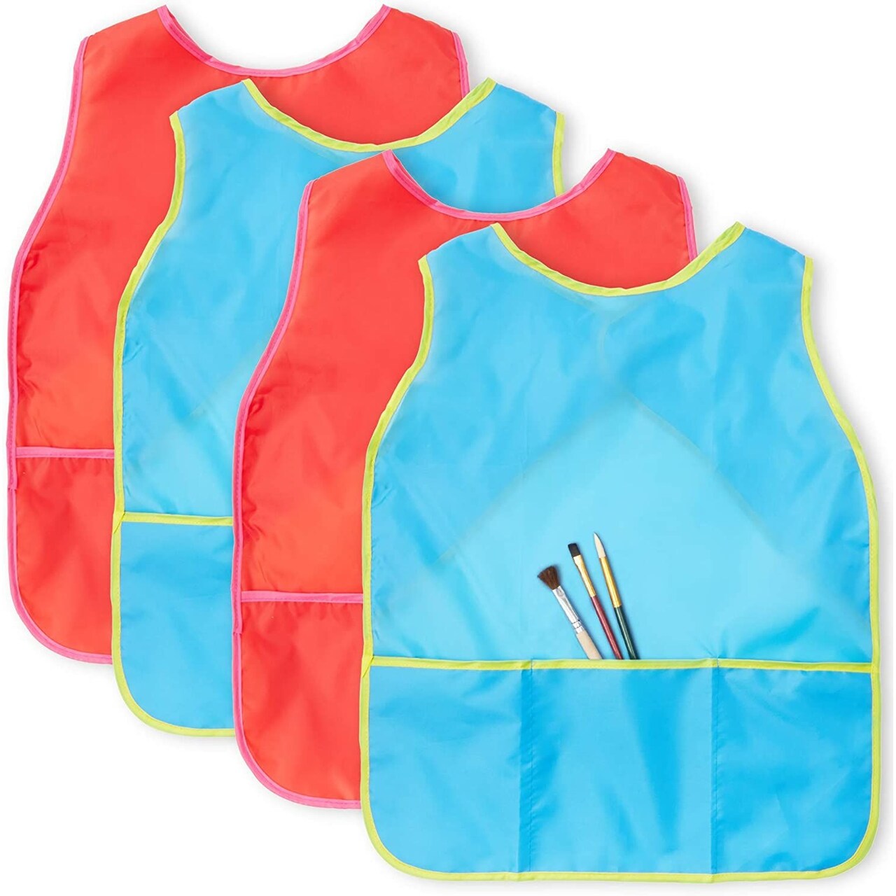Bright Creations 4 Pack Kids Apron for Ages 3–14, Waterproof Smock for Painting and Crafts (Red and Blue)